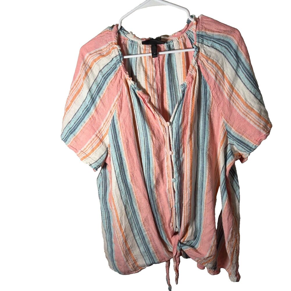 Lane Bryant Blouse Women's 20 Pastel Striped Button Up Tie Short Sleeve Top